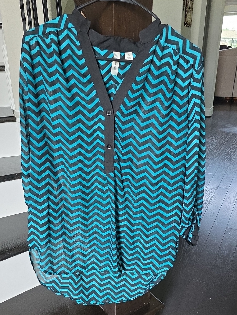 Tacera Teal and Black Chevron Button-Front Blouse